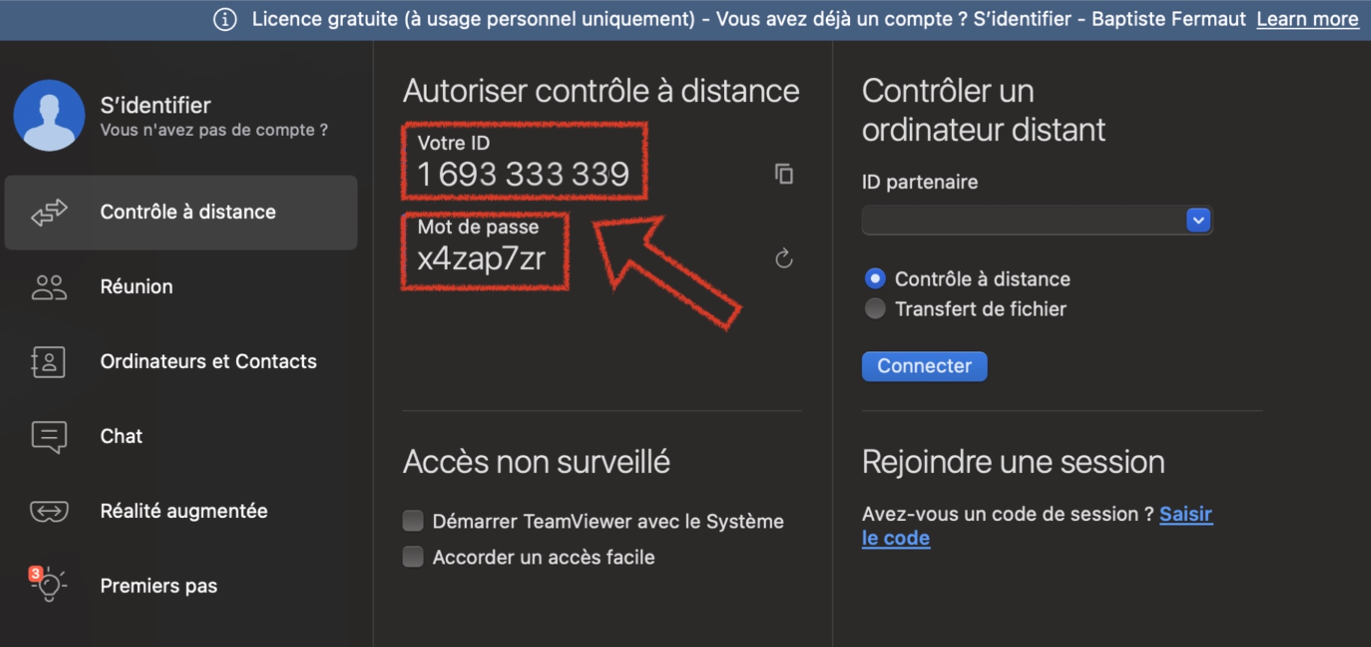 Fenêtre TeamViewer affichant l'identifiant et le mot de passe